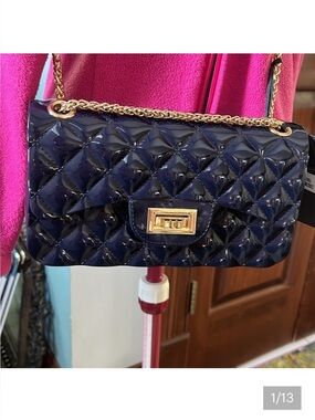 Deluxity LA  Jelly bag  2 way Quilted Crossbody / shoulder bag  Navy/ Gold chain